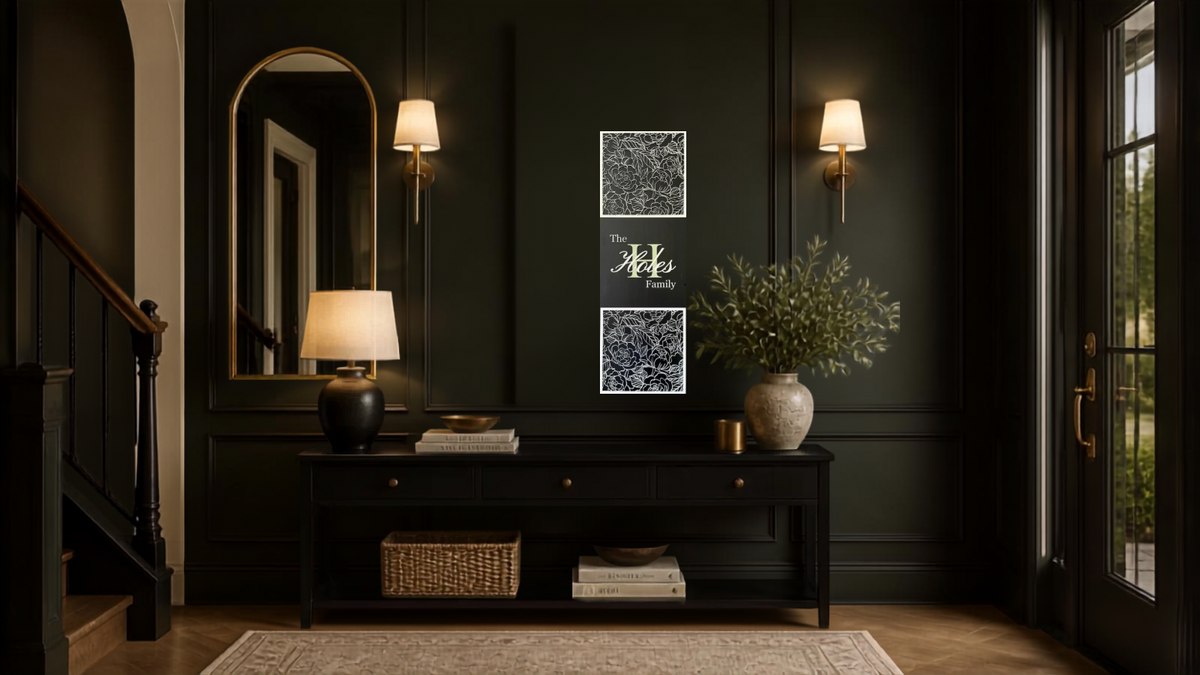 Peonies Floral Family Sign – lifestyle mockup in dark elegant entryway