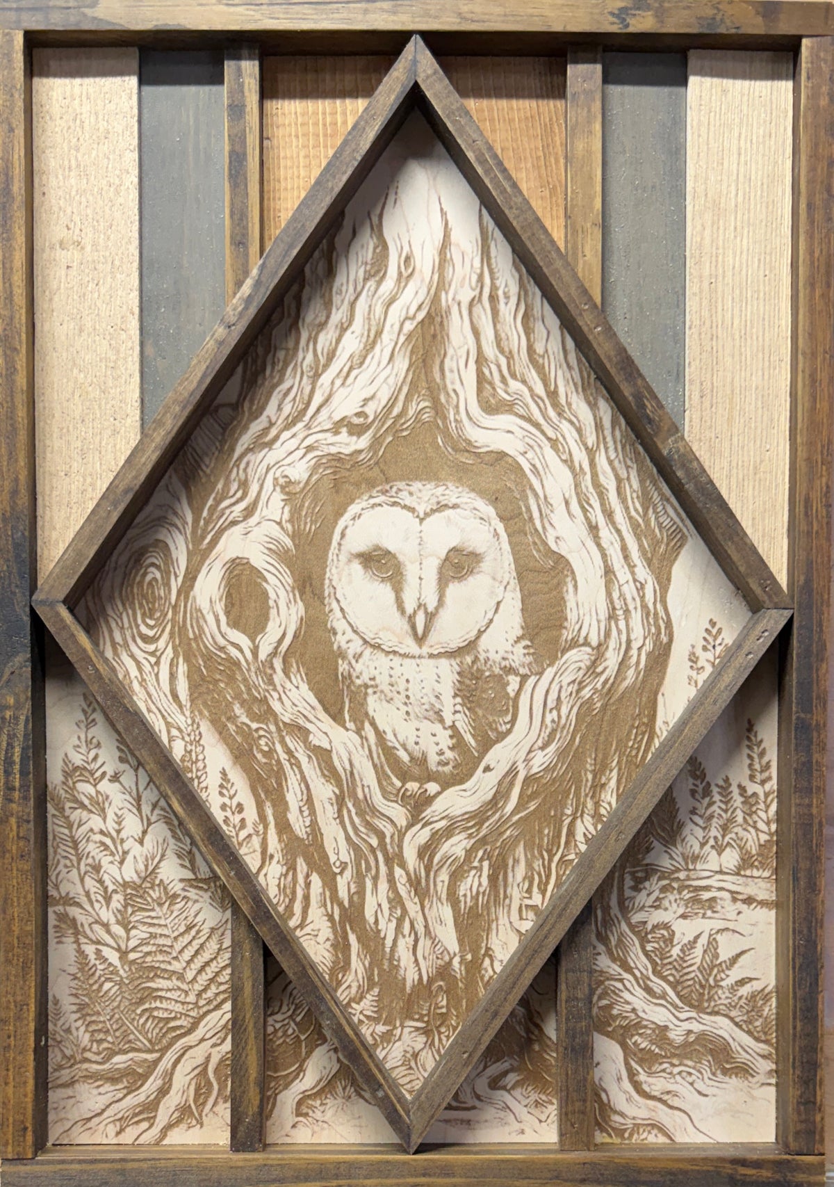 Watcher in the Wood – dimensional laser engraved barn owl wall art in mixed reclaimed woods