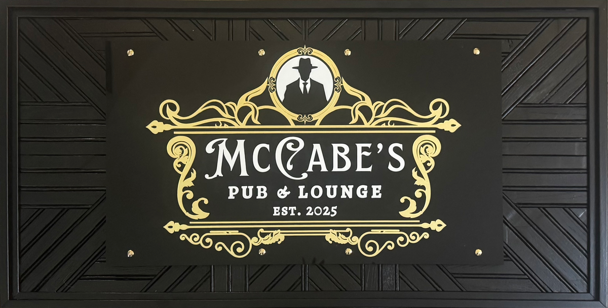 McCabe's Pub & Lounge custom business sign – gold mirror acrylic on wood base