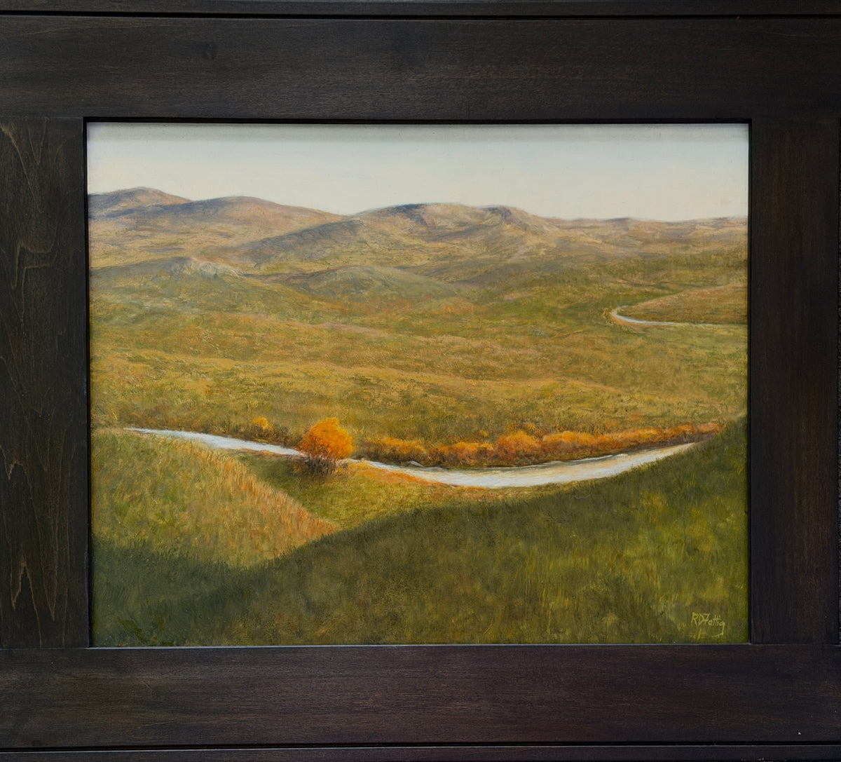 Autumn Whispers on the Loup – original oil painting of the Loup River valley in Nebraska by Roger Fattig, 16x20 framed