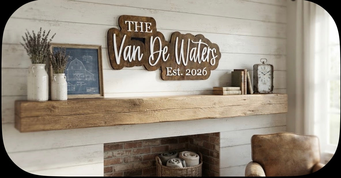 Silhouette Family Name Sign – lifestyle mockup on fireplace mantel in farmhouse living room