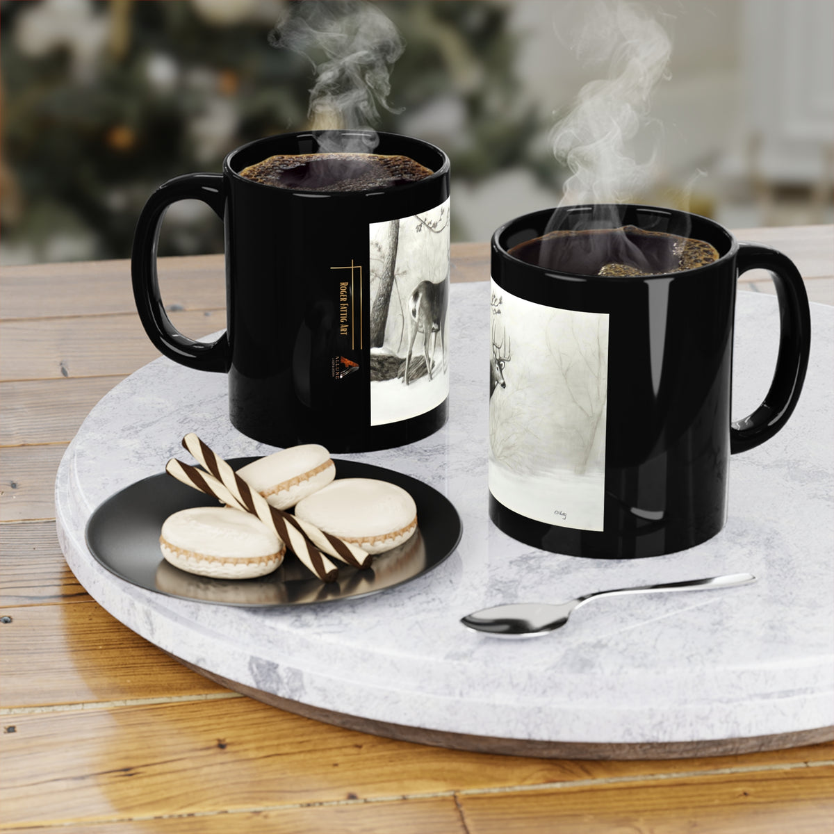 Whitetail Buck in Winter Woods Art Mug – Wildlife Charcoal Drawing, Black 11oz