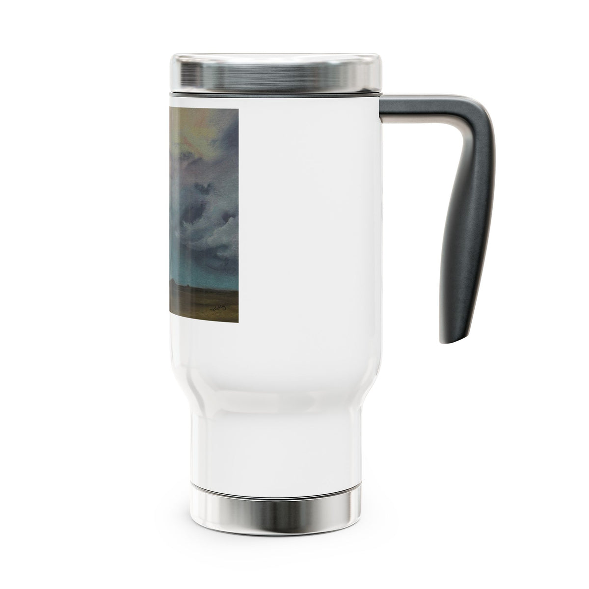 Prairie Storm Travel Mug with Handle – Nebraska Landscape Painting, Stainless Steel 14oz