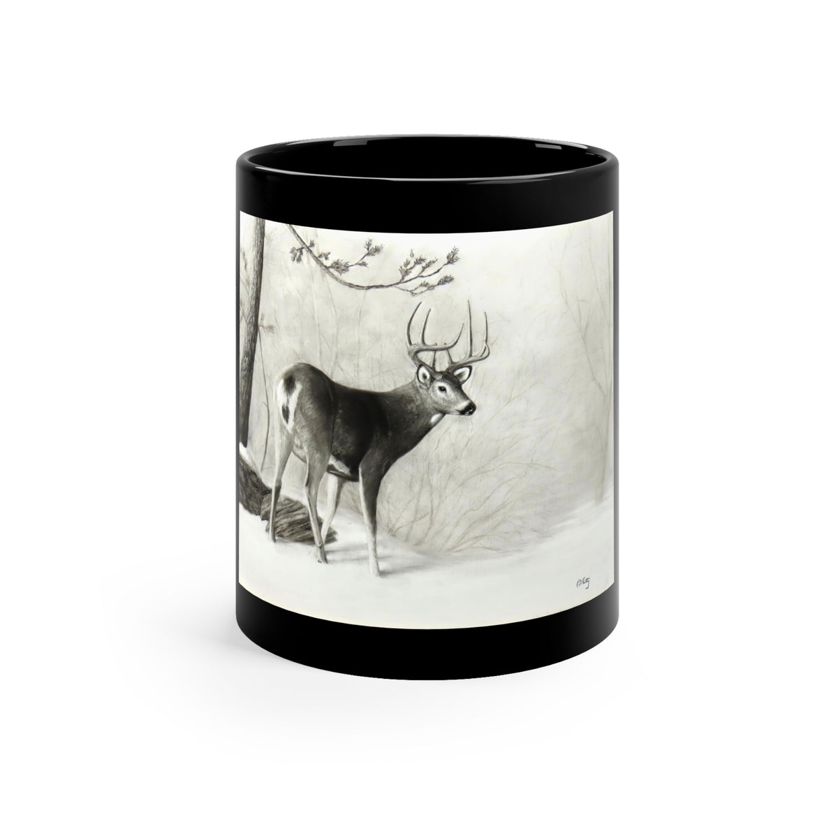 Whitetail Buck in Winter Woods Art Mug – Wildlife Charcoal Drawing, Black 11oz