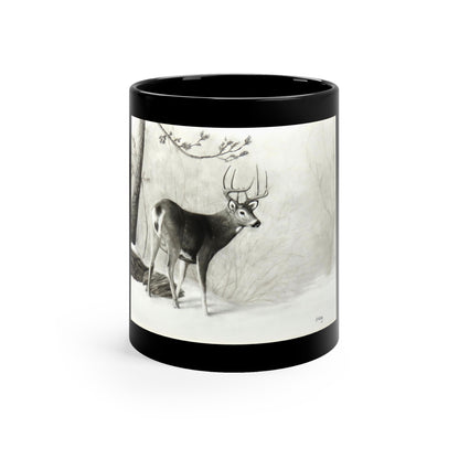 Whitetail Buck in Winter Woods Art Mug – Wildlife Charcoal Drawing, Black 11oz