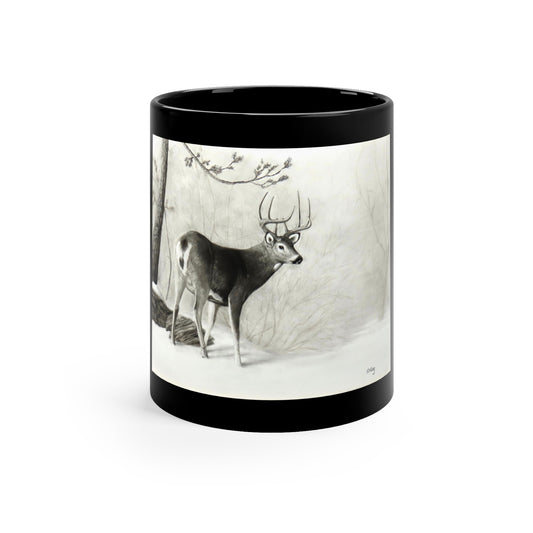 Whitetail Buck in Winter Woods Art Mug – Wildlife Charcoal Drawing, Black 11oz