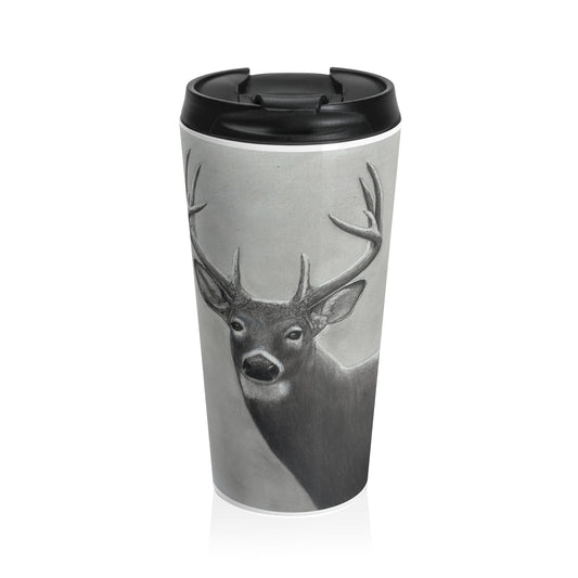 Watcher 2 Portrait Travel Mug – Wildlife Charcoal Art, Stainless Steel