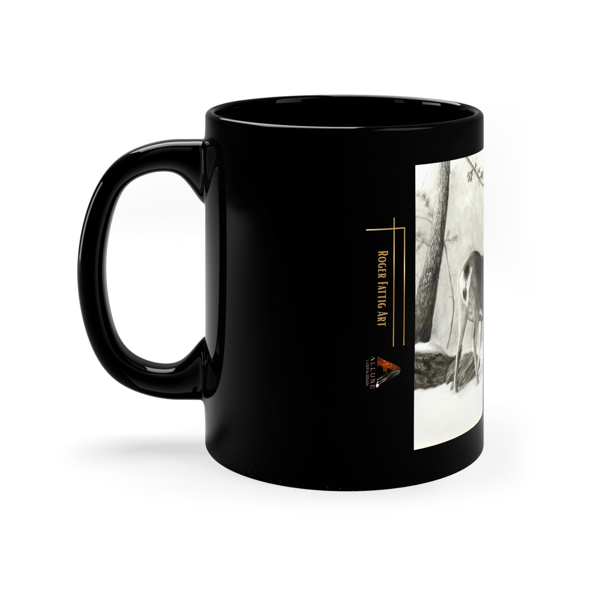 Whitetail Buck in Winter Woods Art Mug – Wildlife Charcoal Drawing, Black 11oz
