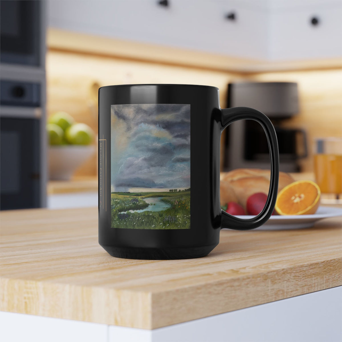 Summer Rain Coming In Landscape Art Mug – Nebraska Plains Painting, Black 15oz