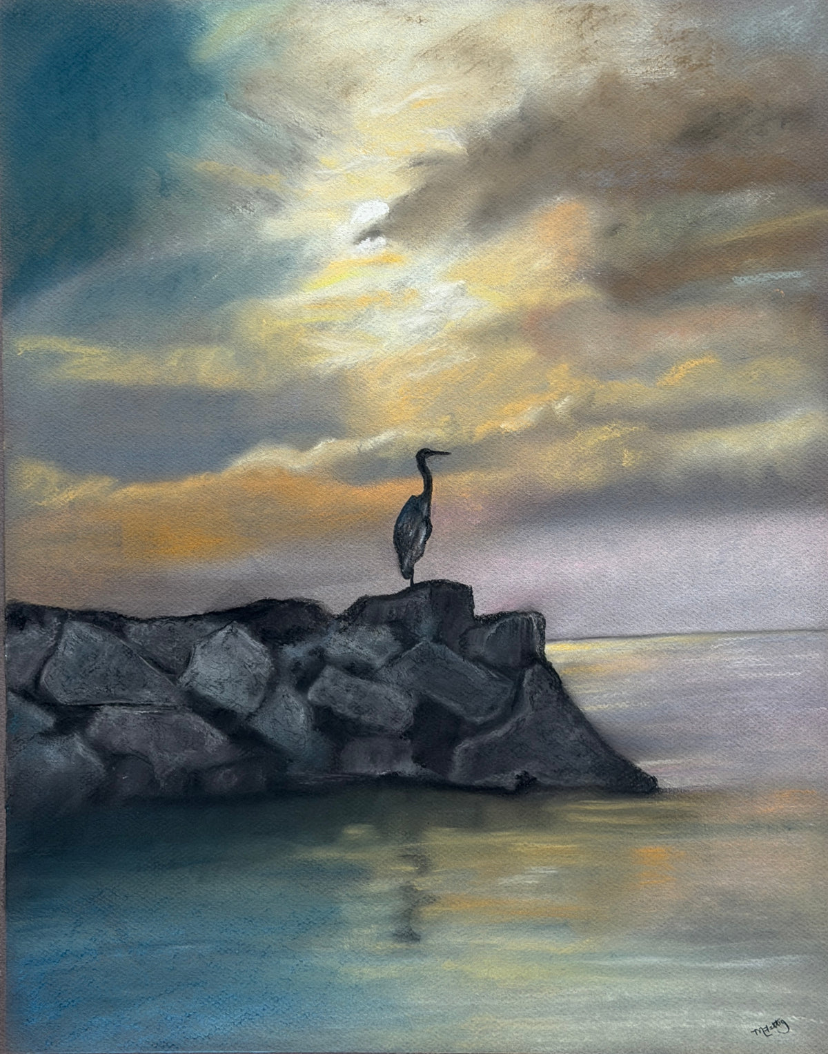 Quiet Reflections by Melanie Fattig, a heron on rocks above reflective water beneath a luminous sky