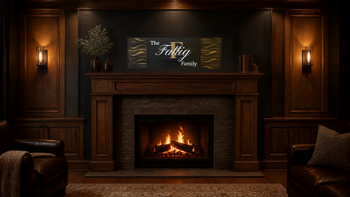 Wave Family Sign – lifestyle mockup above fireplace in elegant living room
